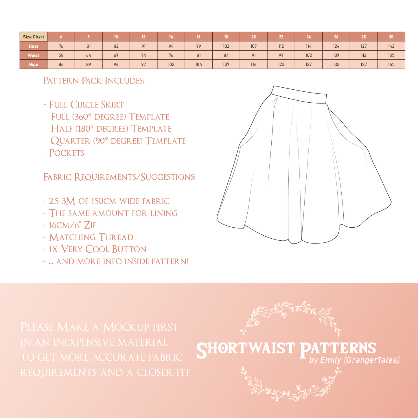 Circle skirt size chart best sale